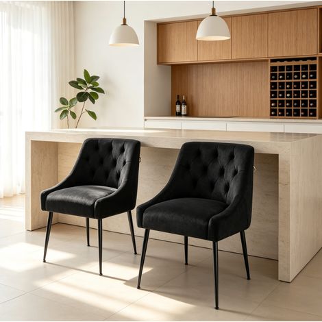 Chaise de salle à manger noire - Chaise repas en simili cuir - Dossier à capitonnage - Avec accoudoirs - Pieds métalliques noirs - Mobilier décoratif pour maison (1/5)