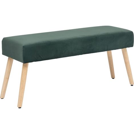 Banc d'assise en velours vert cèdre et pieds en bois coloris naturel - Longueur 100 x Profondeur 35 x Hauteur 45 cm (1/3)