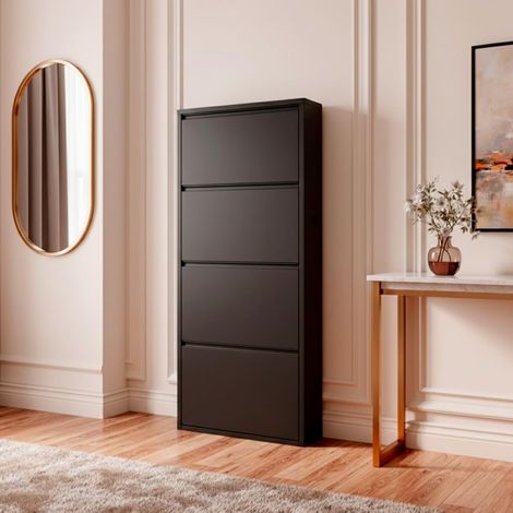 Scarpiera Slim In Metallo 4 Ante A Ribalta Salvaspazio Ultra Sottile Profondita 15 Cm 138x50x15 Cm Porta Scarpe Verticale Moderna Per Ingresso Camera Corridoio Gia Montata - Colore: Nero (1/5)