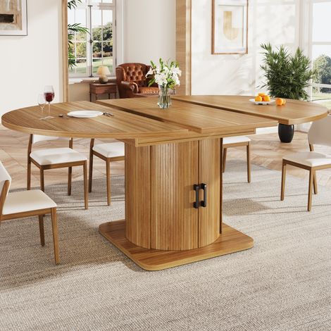 Table à manger ronde extensible 118x118x76 cm, flexible, avec rangement, MDF marron clair (1/5)