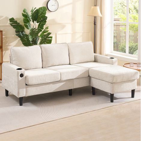 Canapé d’angle modulable beige avec USB, Type-C, 2 porte-gobelets et poches latérales, assise confortable en tissu, montage rapide - CHICFURN (1/5)
