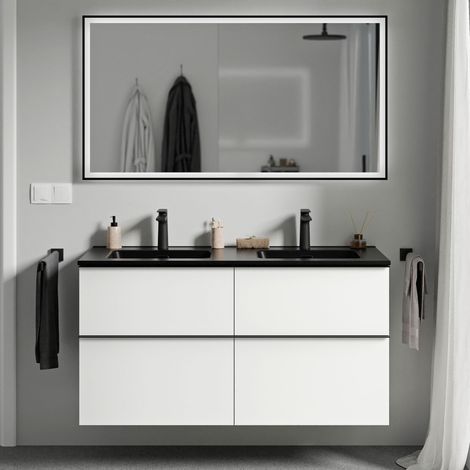 BERNSTEIN - Meuble de salle de bain suspendu bois laqué, meuble vasque 4 tiroirs soft-close - Garantie 5 ans - 64x121x47cm - LAVOA -Blanc mat, Noir mat, Noir mat (1/5)
