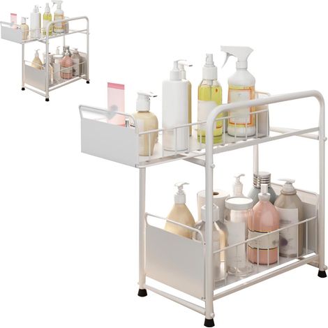 Étagère sous évier avec tiroir coulissant et rangement à plusieurs niveaux pour épices, idéale pour salle de bain et cuisine, petite taille, blanche.