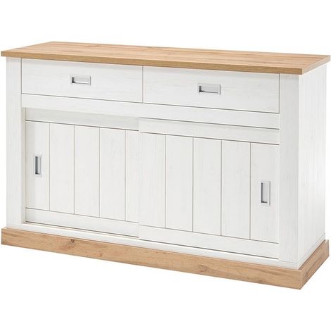 Madia Credenza Mobile Soggiorno Con 2 Cassetti E 2 Ante Scorrevoli 4 Ripiani Interni Design Minimal Shabby Chic Sala Da Pranzo Zona Living 150 x 50 x 95.5 Cm Colore Bianco E Rovere