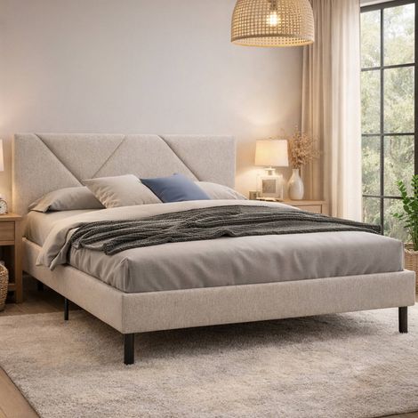 Cama doble Caldes, somier para dormitorio, ropa de cama por habitación, soporte de colchón, apto para colchón de 160x190 cm, color beige (1/5)