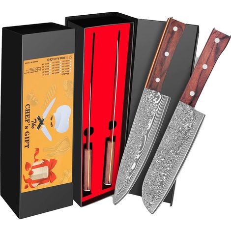 Set di coltelli da cucina in acciaio di Damasco, composto da coltelli da chef e coltelli Santoku, set da 2 pezzi. (1/2)