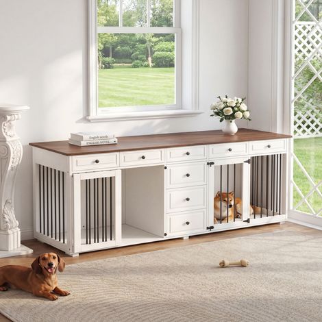 Meuble cage pour chiens 200x60x85 cm en MDF et métal blanc, 8 tiroirs, pour 2 chiens, gain de place