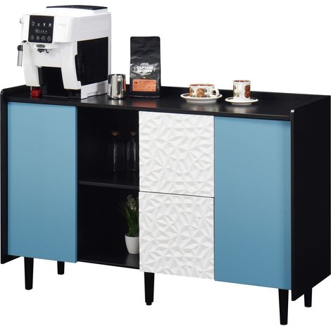 Buffet, armoire de rangement noire avec portes bleues, 2 tiroirs au design de panneau unique et 2 compartiments de rangement ouverts, meuble-bar à café moderne, meuble d’appoint pour cuisine (1/5)