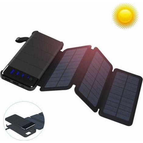 Batterie Externe Solaire - 10000 mAh - 3 Panneaux Solaires - Étanche IPX4 - Lampe LED Intégrée - 2 Ports USB - Pour Randonnée et Camping (1/4)