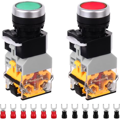Interrupteur à bouton-poussoir momentané de 22 mm, 220 V, 10 A, type poussoir LA38-11DN 1NO 1NC, interrupteur lumineux LED (rouge/vert), 2 couleurs avec 12 bornes à fourche (1/5)