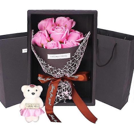 Bouquet de roses artificielles en savon, fleurs de savon réalistes avec peluche ours, cadeau pour la fête des mères, un anniversaire ou un mariage, 7 roses (1/5)