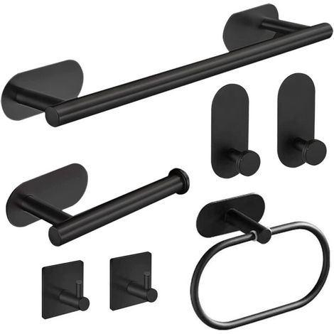 7-Piece Bathroom Accessory Set, Toilet Paper Holder, Towel Ring, Robe and Towel Hook, Bathroom Accessory Set (Black) (1/4)