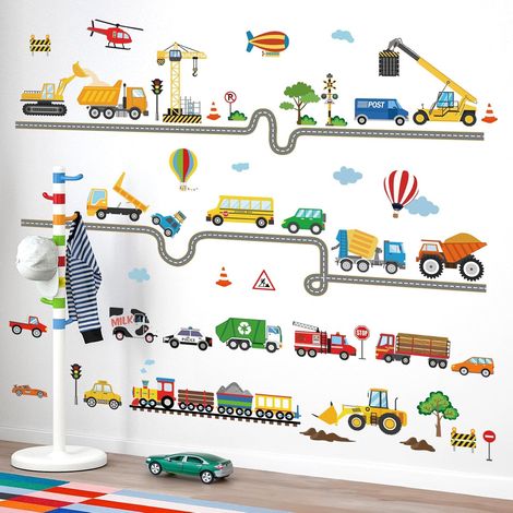 Stickers Muraux Transport Voitures Routier Autocollant Mural Construction Véhicules Tracteurs Décoration Murale Garçon Chambre Enfants Salle de Jeux (1/4)
