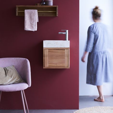Meuble Lave main en bois de teck et marbre Basic cream (1/5)