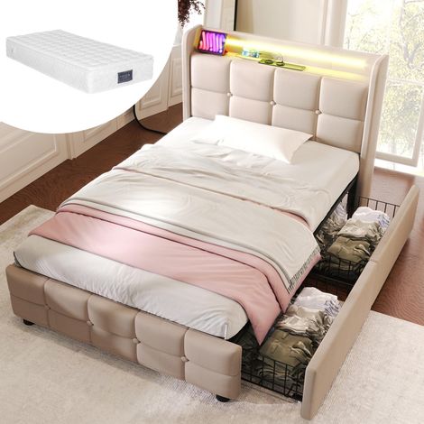 Lit rembourré avec fonction de chargement USB, tête de lit, éclairage LED et 2 tiroirs  lit simple 90x200cm  cadre de lit coffre  sommier à lattes en bois  beige (avec matelas), garantie 2 ans