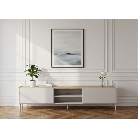 BOBOCHIC - Meuble TV 1 porte 1 tiroir 220 cm ANYRA pieds en bois massif Beige (1/5)