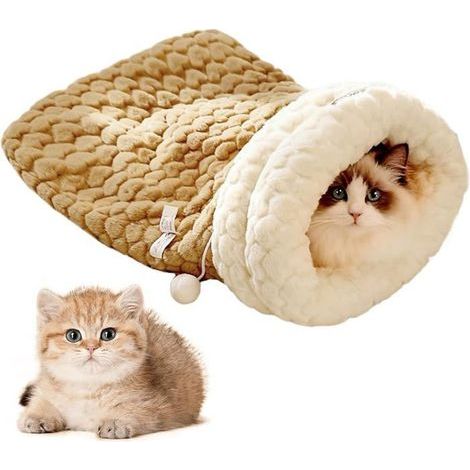 Plush Cat Cave Bed - Cozy Indoor Sleeping Bag for Cats, Light Brown Pet Nest