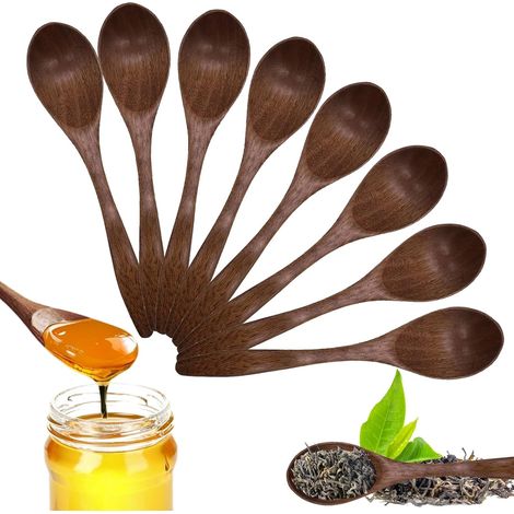 Sollbry Cuillère à Café en Bois 8 Pièces, Petite Cuillere en Bois Naturelles Faites à la Main pour Chocolat Chaud miel café thé Accessoires de Cuisine (1/5)