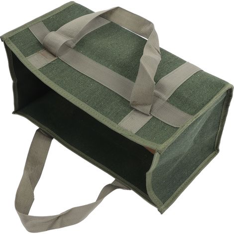 Sac à outils à large ouverture en toile vert olive, grande capacité, résistant à l'usure et imperméable, idéal pour les électriciens. Dimensions : 43 x 21 x 21 cm / 16,9 x 8,3 x 8,3 po. (1/5)