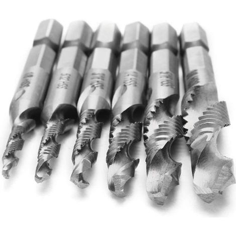 Jeu de 6 tarauds et forets, diamètre de tige 1/4 pouce, 1/8 pouce, 5/32 pouce, 3/16 pouce, 1/4 pouce, 5/16 pouce, 3/8 pouce, acier, polyvalent, convient au perçage. (1/5)