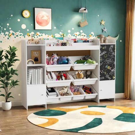Biblioteca multifunzionale per bambini, altezza 95 cm con mensole aperte, 8 scatole di stoccaggio, 2 ante e lavagna - mobile per camera da bambino - Bianco