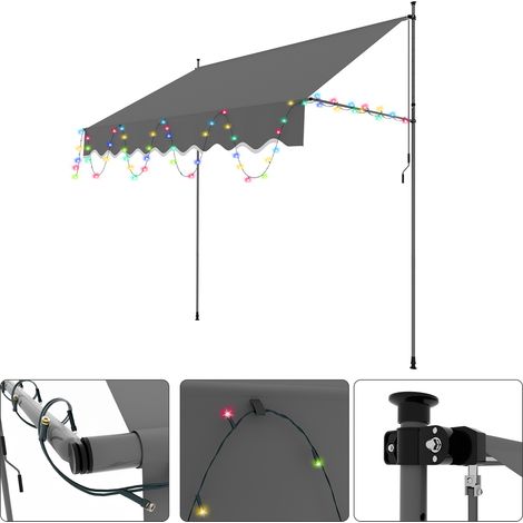 Wolketon Markise Klemmmarkise mit Handkurbel Sonnenschutz und UV-Schutz und wasserfestund höhenverstellbar Gelenkarm mit LED 300cm