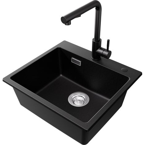 Evier 1 Bac, 50 x 45 cm Evier de Cuisine en Quartz, Evier de Cuisine en Granit + Noir Mitigeur de Cuisine avec Douchette Extractible 2 Modes de pulvérisat (1/5)