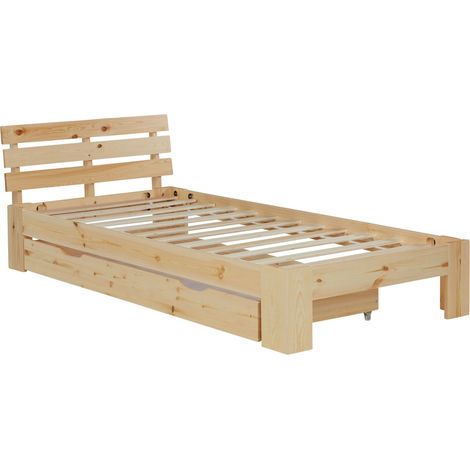 Letto singolo in legno di pino 90x200 con rete a doghe e cassetto portaoggetti LIT06230