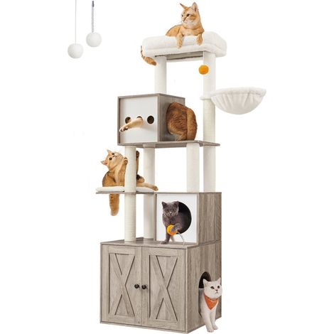 Rascador moderno con arenero torre de juegos poste rascador con caseta de baño 185 cm nicho plataforma alfombrillas lavables gris 120003865 (1/5)