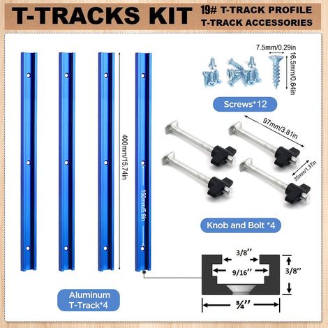 Jeu de Profilés en T Aluminium T19 – Avec Écrous en T et Accessoires pour Systèmes de Guidage Modulaires en Menuiserie (Bleu, aluminium, 415x75x35) (1/4)