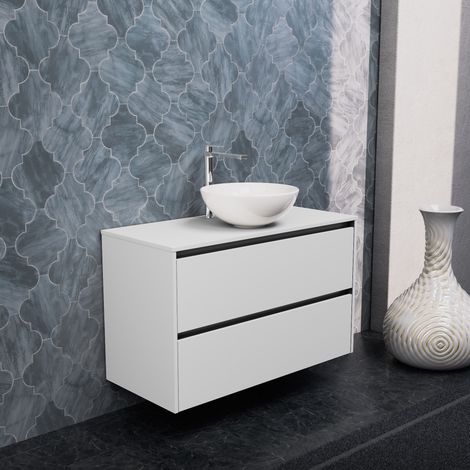 Inda - Badezimmerschrank 2 Schubladen B.100 mit Aufsatzwaschbecken / Mattweiß - Smeraldo (1/5)