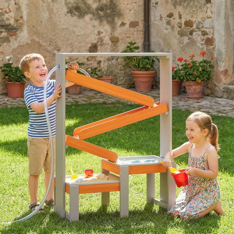 Mesa de juegos de arena y agua, mesa de agua de madera, mesa de barro con pista de agua, 2 recipientes, arenero para niños de 3 a 8 años, gris