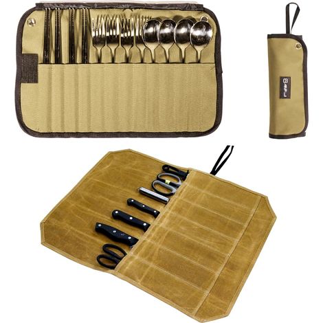Lot de 2 rouleaux à couverts en toile - Organisateur portable pour couteaux et ustensiles - Idéal pour le camping, les pique-niques, les voyages et la cuisine - Rouleau de rangement en coton ciré (1/5)