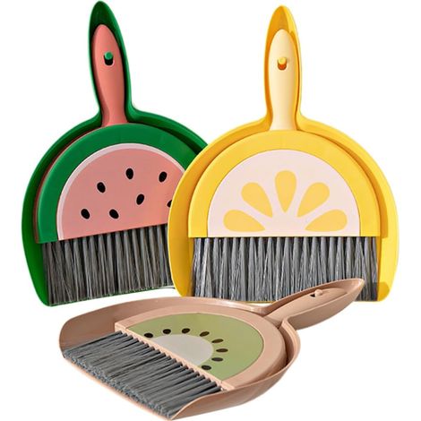 Ensemble de mini-balai et poubelle à thème fruité – Outil de nettoyage de bureau 3 pièces,petit balai et poubelle compacts pour la maison et le bureau (1/5)