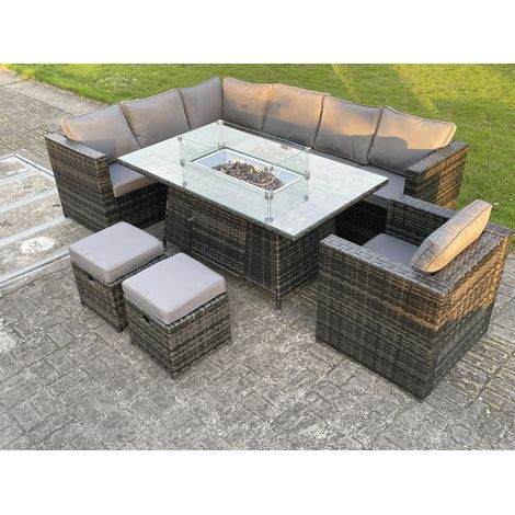 Fimous Outdoor Rattan Garden Furniture Corner Sofa Set Gas Fire Pit Table Sets Gas Heater Lounge Small Footstools Chair Dark Grey 9 Seater (1/4)