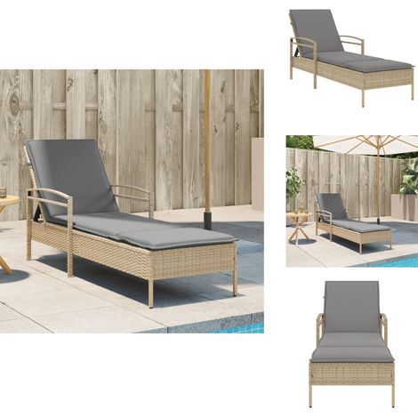 Chaise longue avec coussin beige 63x200x81 cm résine tressée - Chaises Longues - Bain De Soleil - Mobilier De Jardin - Chaises Extérieures - Fauteuil De Jardin (1/5)