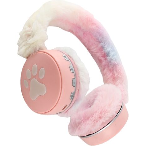 Casque Bluetooth multifonctionnel pliable avec motif dessin animé innovant, oreillettes chaudes en peluche, basses profondes, sans fil et lumière respirante colorée rose (1/5)