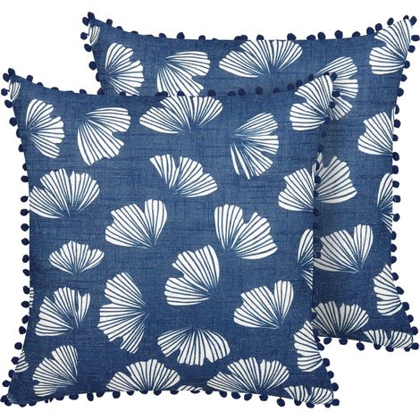 Conjunto de 2 cojines de poliéster azul blanco 45 x 45 cm ginkgo pompones Dandelion