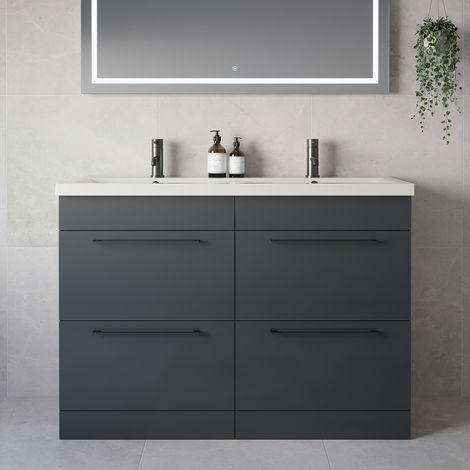 Napoli 390 Gloss Grey 1200mm 4 Drawer Vanity Unit with Double Glide Basins - 1200mm - Gunmetal Grey 320mm Handle