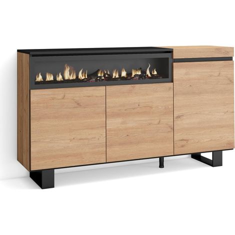 Skraut Home – Buffet de rangement 150x35x87cm – 3 portes – Cheminée électrique à LED – Design industriel chêne et noir (1/5)