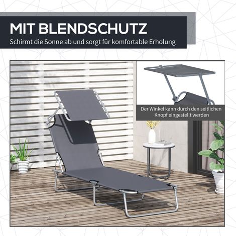 Chaise longue pliante avec protection solaire gris dossier 4 positions pour jardin charge balcon et piscine 120 kg design moderne (1/4)