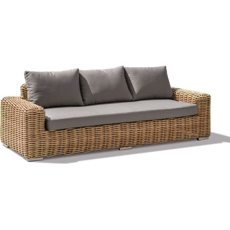 Canapé de jardin 3 places en résine tressée ronde – Dimensions L 220 x l 85 x H 64 cm – Coussins déhoussables en toile polyester taupe – Parisgarden