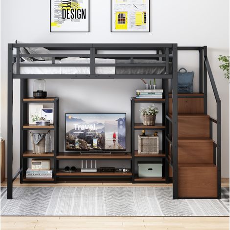 Letto a soppalco 140/200 cm con supporto TV, presa e scala contenitore, design moderno salvaspazio (1/5)