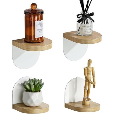 Lot de 4 Petites Etagere Murale Blanche, Tablettes Flottantes en Bois avec Piètement en Métal pour Petits Objets, Tablette Murale de Décoration Rustique pour Chambre, Salon, 10x10CM, Adhésif (1/5)