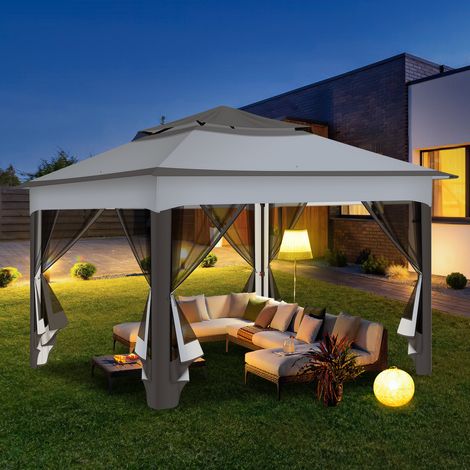 Jiubiaz Cenador plegable de jardín 3,3 × 3,3 × 2,68 m – Cenador exterior con mosquitera, doble techo ventilado, protección UV, para patio, jardín y patio trasero, gris (1/5)