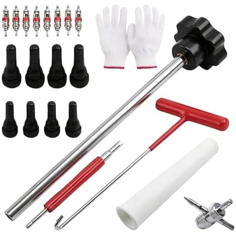 22 Pièces Kit de Réparation Valve Pneu, en Métal et Plastique, Jeu D'outils à Changement Rapide avec Extracteur Valve, Demonte Obus, Outil Crochet - (1/5)