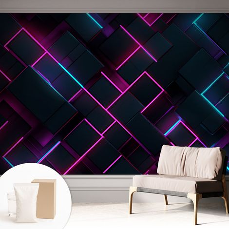 Papier peint intissé avec imprimé pour décoration intérieure pour rénovation a motif - Colle incluse gratuite Géométrie néon 312x219 cm (1/5)