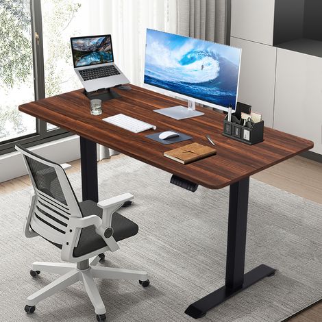 Devoko Bureau Assis Debout Électrique Réglable en Hauteur 140x70x(72-116) cm, Panneau avec 4 Claviers à Mémoire Automatique, Cadre en Acier, Équipé du Système Anti-Collision, Noir/noyer (1/5)