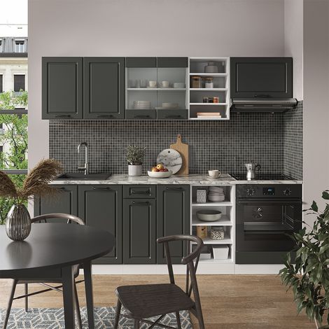 Cucina componibile R-Line, Antracite rustico/bianco, 240 cm senza piano di lavoro, Vicco (1/5)