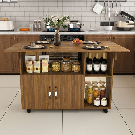 Table pliante mobile 110x70x80cm, 5 étagères, 5 roulettes (4 freinables), gain de place, effet noyer clair, pour cuisine ou bureau (1/5)